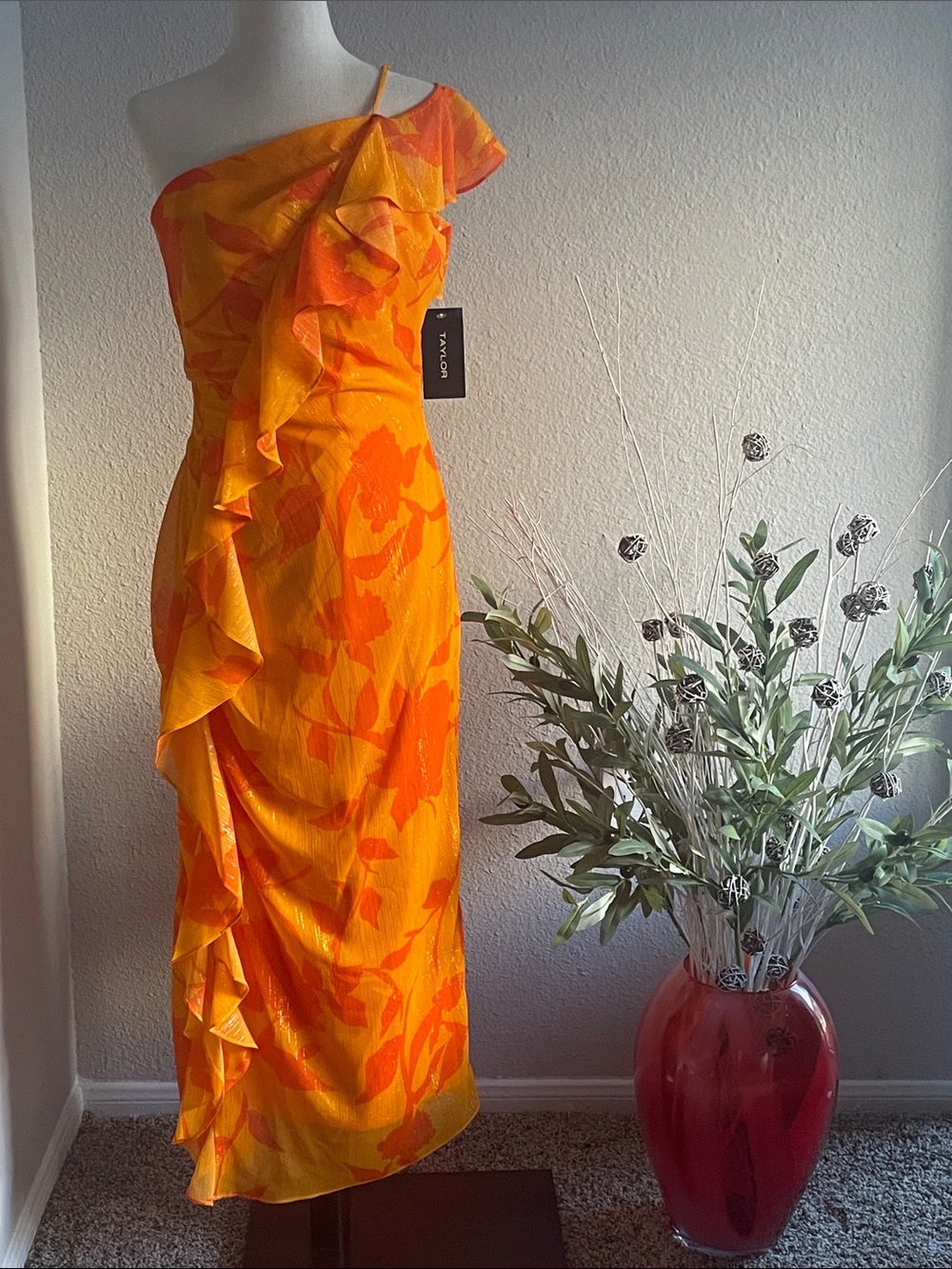Taylor One-Shoulder Orange and Yellow Floral Ruffle Shimmer Dress